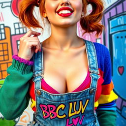 A gorgeous female with auburn hair styled in playful pigtails, wearing a colorful rainbow half sweater that shows off her midriff