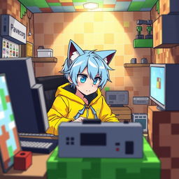 An anime-style boy with cat ears (neko) and light blue hair, wearing a bright yellow jacket, is focused on crafting a computer inside a Minecraft-themed room