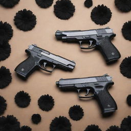 Two finely-crafted pistols surrounded by ominous black flowers and a scattering of gleaming bullets.