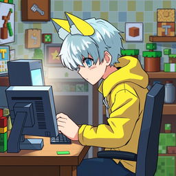 An anime-style boy with cat ears (neko) and light blue hair, wearing a bright yellow jacket, is focused on crafting a computer inside a Minecraft-themed room