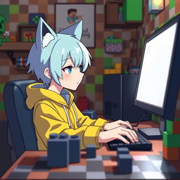 An anime-style boy with cat ears (neko) and light blue hair, wearing a bright yellow jacket, is focused on crafting a computer inside a Minecraft-themed room