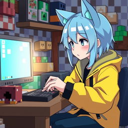 An anime-style boy with cat ears (neko) and light blue hair, wearing a bright yellow jacket, is focused on crafting a computer inside a Minecraft-themed room