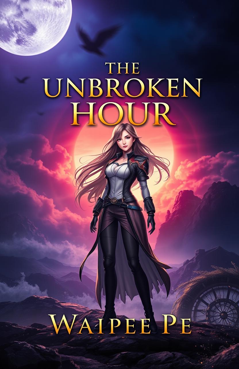 A captivating book cover for a novel titled 'The Unbroken Hour'