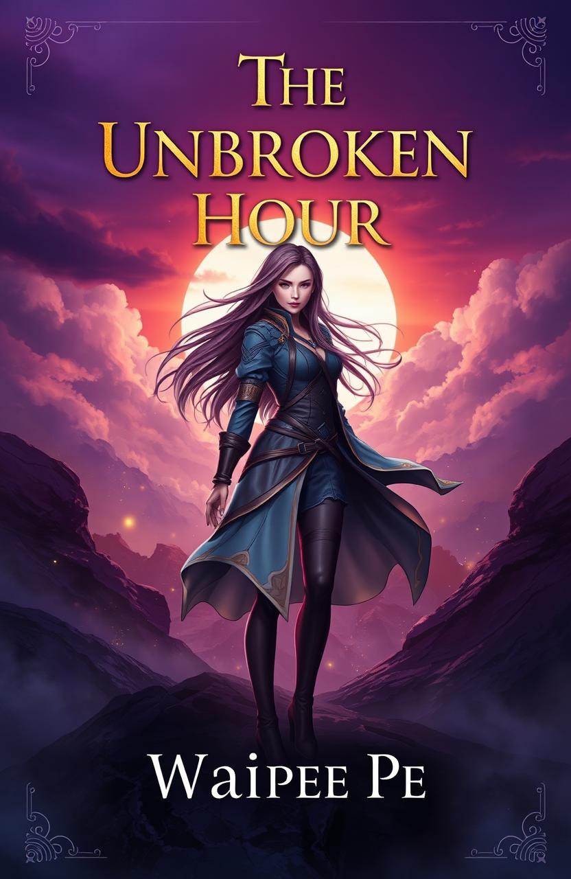 A captivating book cover for a novel titled 'The Unbroken Hour'