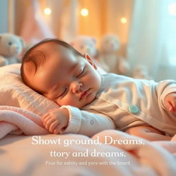 A cute and charming baby peacefully sleeping on a soft, pastel-colored blanket, surrounded by gentle toys and a serene atmosphere