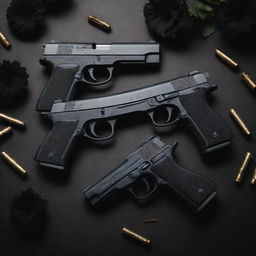 Two finely-crafted pistols surrounded by ominous black flowers and a scattering of gleaming bullets.