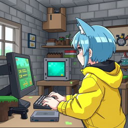 An anime-style boy with neko features, featuring sky blue hair, wearing a bright yellow jacket