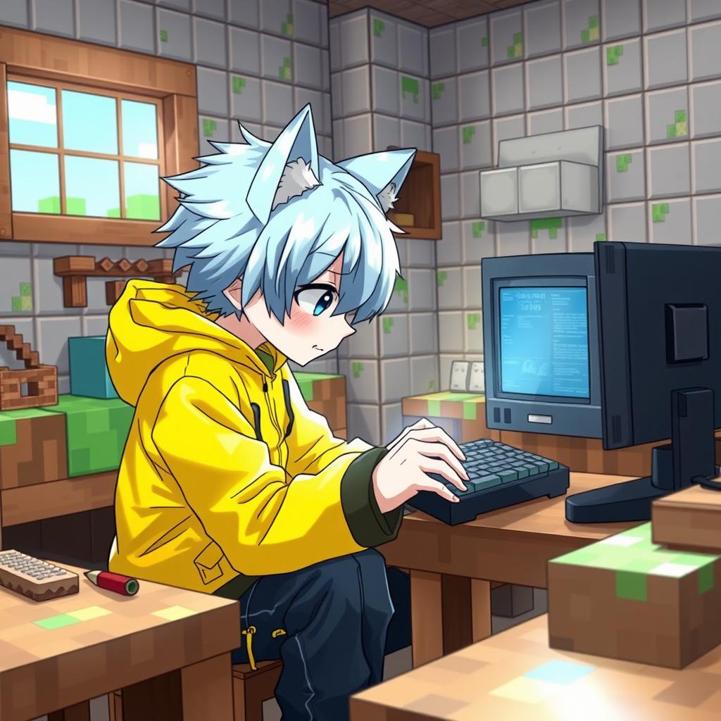 An anime-style boy with neko features, featuring sky blue hair, wearing a bright yellow jacket