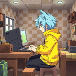 An anime-style boy with neko features, featuring sky blue hair, wearing a bright yellow jacket