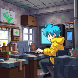 An anime-style boy with neko features, featuring sky blue hair, wearing a bright yellow jacket