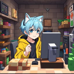 An anime-style boy with neko features, boasting sky blue hair and wearing a bright yellow jacket