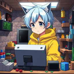 An anime-style boy with neko features, boasting sky blue hair and wearing a bright yellow jacket