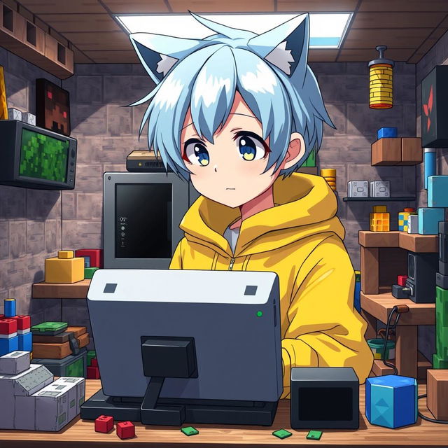 An anime-style boy with neko features, boasting sky blue hair and wearing a bright yellow jacket