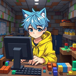 An anime-style boy with neko features, boasting sky blue hair and wearing a bright yellow jacket