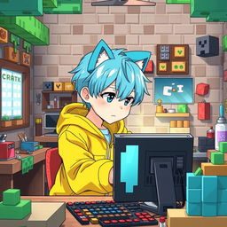 An anime-style boy with neko features, boasting sky blue hair and wearing a bright yellow jacket