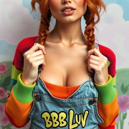 A close-up shot of a gorgeous female with auburn hair styled in playful pigtails