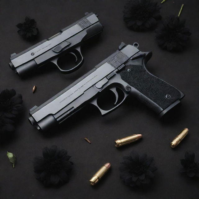 Two finely-crafted pistols surrounded by ominous black flowers and a scattering of gleaming bullets.