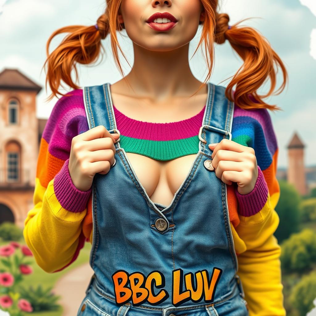 A close-up shot of a gorgeous female with auburn hair styled in playful pigtails