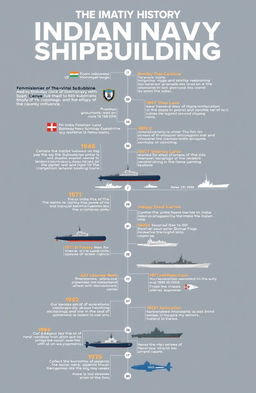 A detailed infographic timeline visualizing the history of Indian Navy shipbuilding, starting from the early 19th century with the establishment of the Bombay Dock with colonial influences, highlighting significant milestones such as the commissioning of the first submarine in 1960, the launch of indigenous warships, and the development of aircraft carriers