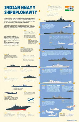 A detailed infographic timeline visualizing the history of Indian Navy shipbuilding, starting from the early 19th century with the establishment of the Bombay Dock with colonial influences, highlighting significant milestones such as the commissioning of the first submarine in 1960, the launch of indigenous warships, and the development of aircraft carriers