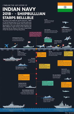 A detailed infographic timeline visualizing the history of Indian Navy shipbuilding, starting from the early 19th century with the establishment of the Bombay Dock with colonial influences, highlighting significant milestones such as the commissioning of the first submarine in 1960, the launch of indigenous warships, and the development of aircraft carriers