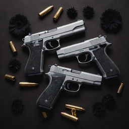 Two finely-crafted pistols surrounded by ominous black flowers and a scattering of gleaming bullets.