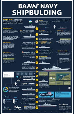 A detailed infographic timeline visualizing the history of Indian Navy shipbuilding, starting from the early 19th century with the establishment of the Bombay Dock with colonial influences, highlighting significant milestones such as the commissioning of the first submarine in 1960, the launch of indigenous warships, and the development of aircraft carriers