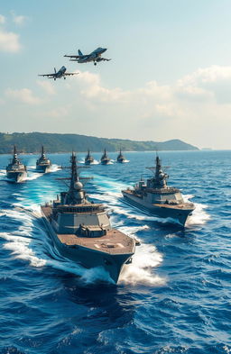 A dynamic and powerful scene featuring the Indian Navy fleet in action