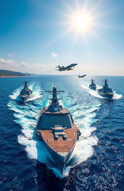 A dynamic and powerful scene featuring the Indian Navy fleet in action