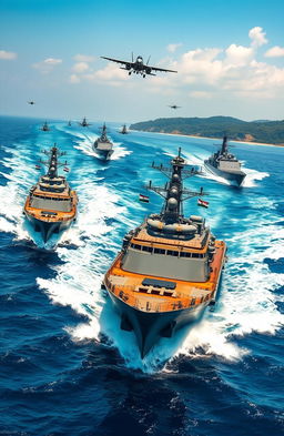 A dynamic and powerful scene featuring the Indian Navy fleet in action