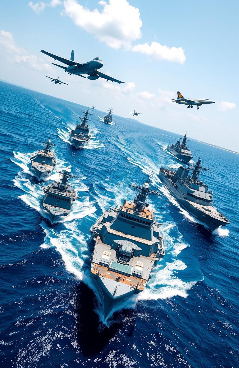 A dynamic and powerful scene featuring the Indian Navy fleet in action