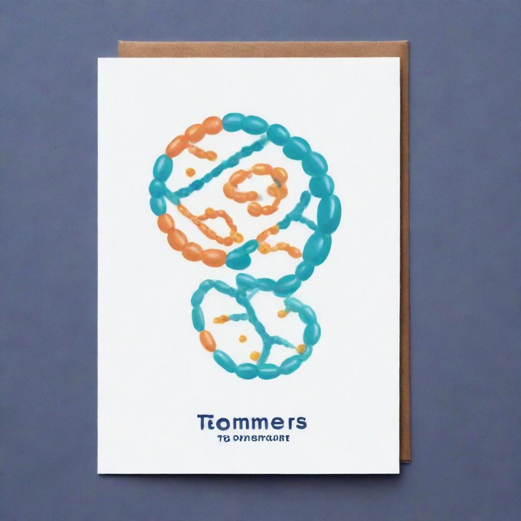 Illustrate a cute, cartoon-style 'Telomere' card, an 'upcell' type. Visualize Telomeres as adorable DNA-sequence structures at the ends of a cell's chromosomes, signifying increased cell longevity and resistance with a protective glow.