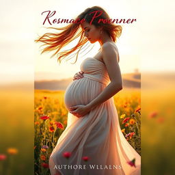 A captivating romance novel cover featuring a stunning, pregnant woman with flowing hair standing in a sunlit field