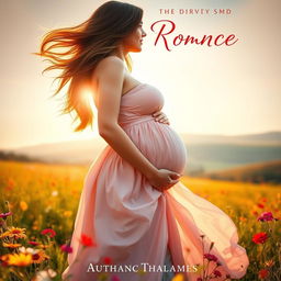 A captivating romance novel cover featuring a stunning, pregnant woman with flowing hair standing in a sunlit field