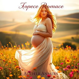 A captivating romance novel cover featuring a stunning, pregnant woman with flowing hair standing in a sunlit field