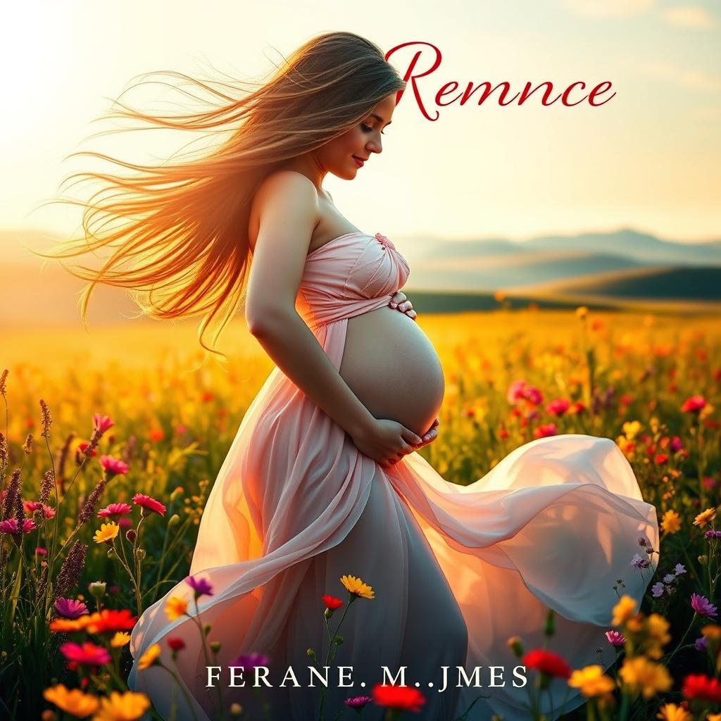 A captivating romance novel cover featuring a stunning, pregnant woman with flowing hair standing in a sunlit field