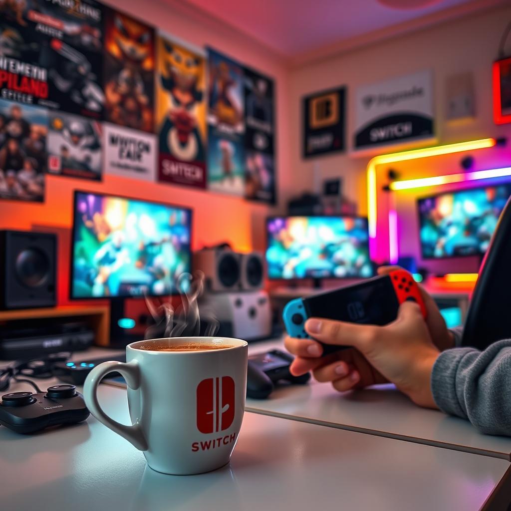 A cozy gamer room setting featuring a steaming cup of coffee on a desk, with soft ambient lighting casting a warm glow