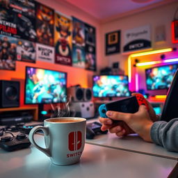 A cozy gamer room setting featuring a steaming cup of coffee on a desk, with soft ambient lighting casting a warm glow