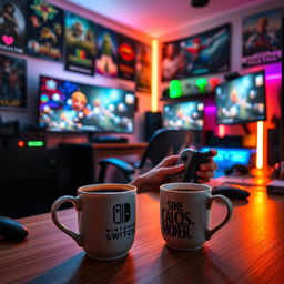 A cozy gamer room setting featuring a steaming cup of coffee on a desk, with soft ambient lighting casting a warm glow