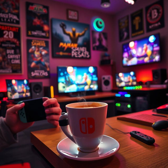 A cozy gamer room setting featuring a steaming cup of coffee on a desk, with soft ambient lighting casting a warm glow