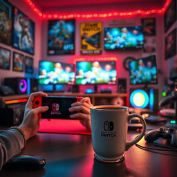 A cozy gamer room setting featuring a steaming cup of coffee on a desk, with soft ambient lighting casting a warm glow