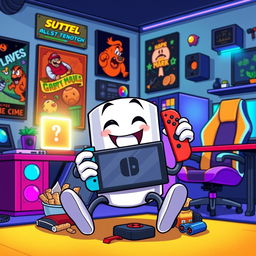 A cartoon-style image depicting a coffee mug with arms and legs, playfully holding a Nintendo Switch while sitting in a vibrant gamer room