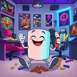 A cartoon-style image depicting a coffee mug with arms and legs, playfully holding a Nintendo Switch while sitting in a vibrant gamer room