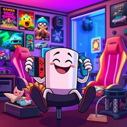 A cartoon-style image depicting a coffee mug with arms and legs, playfully holding a Nintendo Switch while sitting in a vibrant gamer room