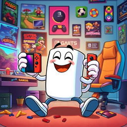 A cartoon-style image depicting a coffee mug with arms and legs, playfully holding a Nintendo Switch while sitting in a vibrant gamer room