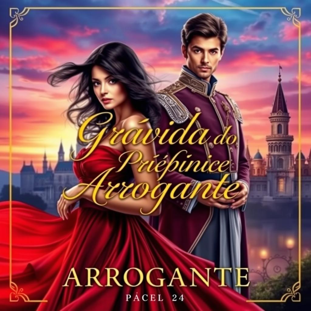 A captivating book cover for a romance novel titled "Grávida do Príncipe Arrogante"