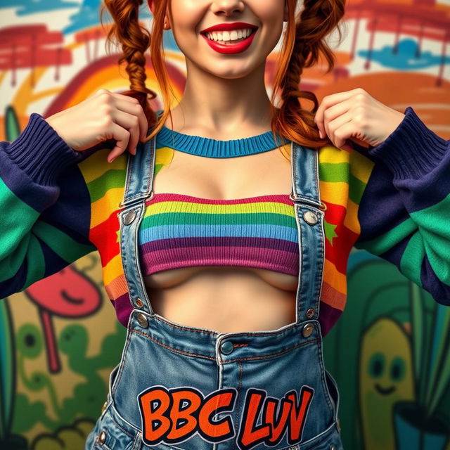 Close-up shot of a gorgeous female with auburn hair styled in playful pigtails