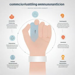 An informative diagram showcasing effective communication techniques. It contains elements like active listening, empathy, clarity, feedback, and non-verbal gestures, all interconnected to illustrate a holistic communication process.