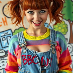 A stunning close-up of a gorgeous female with auburn hair styled in playful pigtails