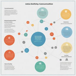 An informative diagram showcasing effective communication techniques. It contains elements like active listening, empathy, clarity, feedback, and non-verbal gestures, all interconnected to illustrate a holistic communication process.